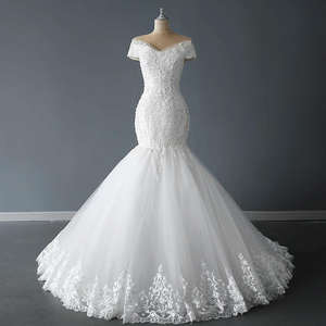 Elegant Off-Shoulder V-Neck <b>Wedding</b> <b>Dress</b> for Summer New Arrival European American Style Modern Floral Crystal Ruffle - Product Image 1