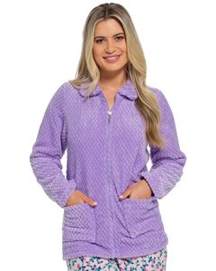 Chaqueta Bomber de Mujer, Color Morado, Forro Polar Sherpa, Cierre de Cremallera, Manga Corta, Cuello Camisero, Prenda Exterior Informal y Suave - Product Image 1