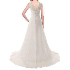 Lace A-Line Bridal Gown White Ivory V-Neck Chiffon Wedding Dress Natural Waistline Simple Elegant Style - Product Image 4