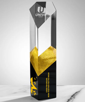 Trophée personnalisé en cristal hexagonal transparent avec plaque dorée sur socle pour les événements scolaires, sportifs et de remise de diplômes