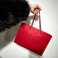 Tas Kertas Tekstur Merah Terang Mewah dengan Logo Embos Custom dan Tali Pegangan Merah Senada untuk Hadiah dan Belanja
