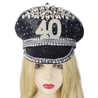 Casquette de capitaine noire scintillante faite à la main avec lettres en strass et sequins, personnalisable pour fête d'anniversaire