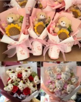Karangan Bunga Mawar dan Bunga Matahari Buatan Tangan dari Benang, Boneka Beruang, Hadiah Bergaya Alami Ramah Lingkungan untuk Ulang Tahun Anak Perempuan
