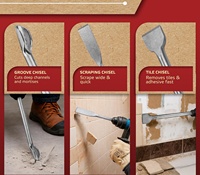 Jeu de ciseaux SDS Plus pour marteaux perforateurs, 6 pièces, comprenant ciseaux à pointe, plats, à dégarnir, à rainurer, à décapier et à cisailler les carreaux