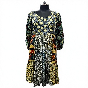 Vintage Solid Patchwork Floor-Length Artisan <b>Botanical</b> <b>Print</b> Handcrafted Kantha-Inspired Bohemian Long Dress 100% Cotton - Product Image 2