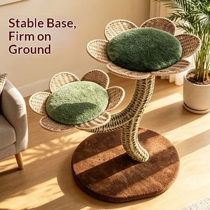 Arbre d'activités élégant pour chat à motif floral, plateforme en fleurs tressées naturelles, coussin moelleux, griffoir en sisal, balle de jeu interactive suspendue - Product Image 1