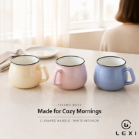 Ensemble de tasses en céramique Pot Belly 420 ml, cinq couleurs brillantes : rose blush, bleu pétrole, rouge, lavande, crème, avec bordure noire et intérieur blanc brillant