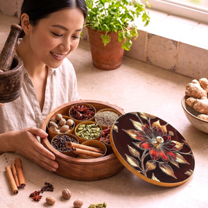 Boîte à épices en bois avec couvercle peint à motifs floraux et intérieur compartimenté pour herbes et épices - Product Image 1