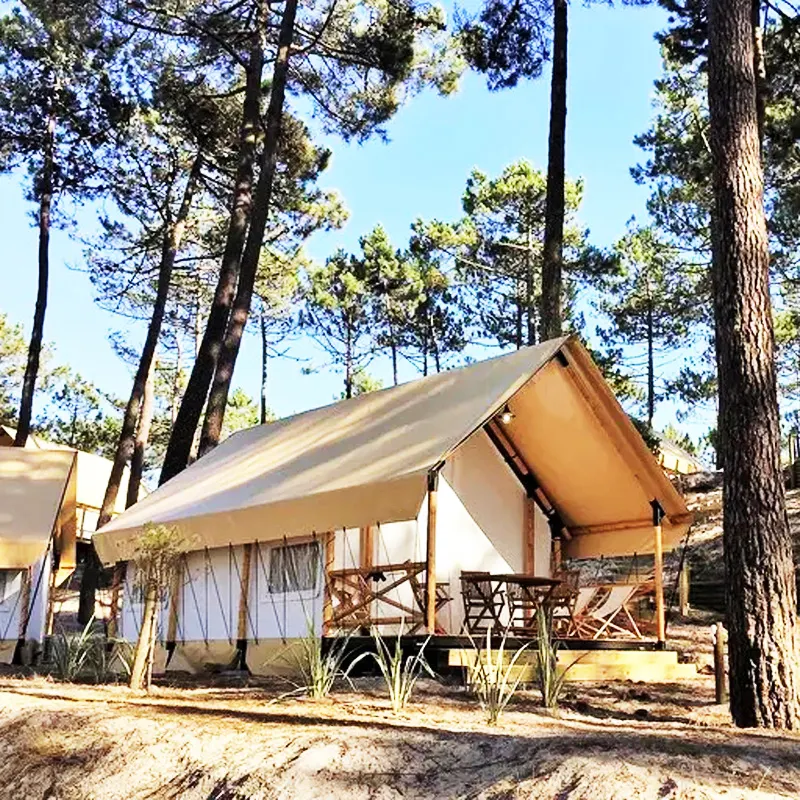 Doppelte Outdoor Glamping wasserdichte Leinwand Plane Luxus Holzmast Safari wilde Hotel zelte Für Beach Eco Resort Tented Lodge