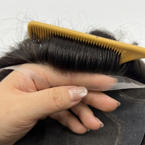 Parrucchino da uomo resistente con bordo largo in PU, frontale in pizzo svizzero, fatto a mano, con doppio nodo, linea frontale naturale, resistente al sudore, in capelli umani - Product Image 4