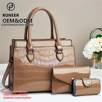 Ensemble de 3 sacs à main personnalisés avec logo, en cuir verni façon alligator, grande capacité, sac fourre-tout, sac à bandoulière, fermeture à chaîne, vente en gros OEM