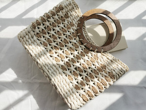 Promotion Gift New Design Ins Fashion Beige Straw Tote Handbag <strong>Beachbag</strong> with Wooden Handle - Product Image 5