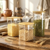 Stoples Kaca Persegi Berbagai Ukuran Dengan Tutup Bambu dan Sendok Kayu, Wadah Kedap Udara untuk Dapur, Bahan Makanan, Pasta, Rempah-rempah