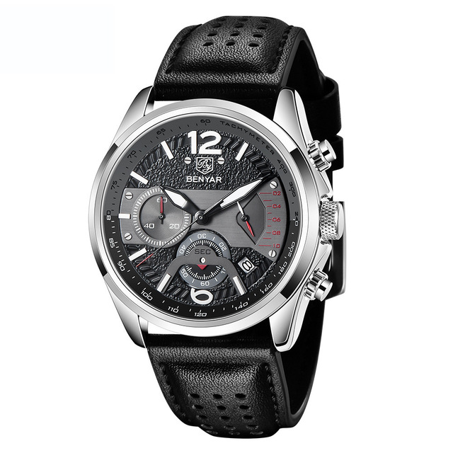 Luxury Sports Chronograph Quartz Watch 42mm Dial Alloy Case Pointer Waterproof Leather Strap Business Stylish Design for Men