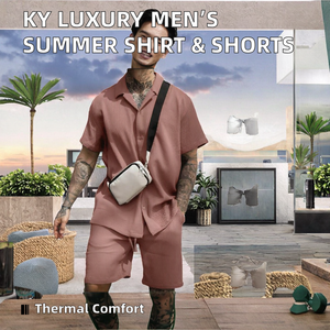 Luxury Thermal 300g <b>Knitted</b> Two-Piece <b>Set</b> Men Button-Down Summer Short Sleeve Shirt Pleated Satin Shorts Smart Casual Print - Product Image 2