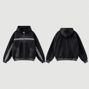 Áo hoodie cao cấp tùy chỉnh 500gsm chất lượng cao, cotton tẩy acid, dành cho nam, kiểu vintage sọc đen trắng, khóa kéo - Product Image 1