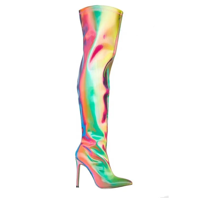 Colorful Rainbow Women Knee High Boots High Heel Ladies Winter Shoes Thin Heels PU Customized Anti-slipper