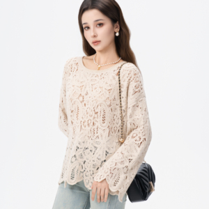 Suéter <span class=keywords><strong>de</strong></span> ganchillo para mujer Cuello redondo Patrón floral Suéter <span class=keywords><strong>de</strong></span> lana Ropa <span class=keywords><strong>de</strong></span> ganchillo Con <span class=keywords><strong>hilo</strong></span> dorado - Product Image 1