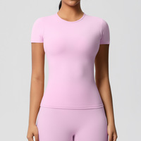 Kaos Olahraga Wanita Lengan Pendek Ketat Model Fitted Double Brushed Warna Solid Bahan Bernapas Cepat Kering untuk Lari Fitness Yoga Gym