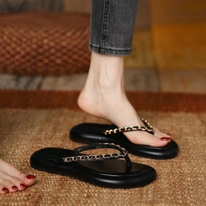 Sandalias Planas de Cuero Genuino Negro con Decoración de Cadena, Punta Abierta, Estilo Slip-On, Zapatos de Verano para Mujer - Product Image 4