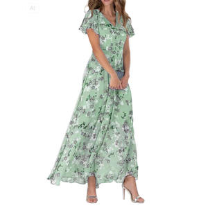 Nouvelle Robe Longue d'Été en Mousseline Florale à Manches Courtes, Style Simple et Doux, Col en V à Volants, Tendance, Taille Cintrée, Fluide - Product Image 1