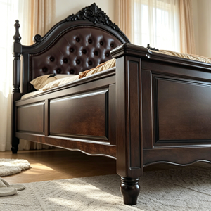 Nueva llegada: Cama de cuatro postes de madera maciza con cabecero floral tallado, tapizado de cuero marrón oscuro con capitoné de diamante y mesita de noche tallada con almacenamiento. - Product Image 4