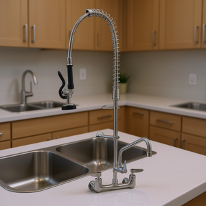 Robinet de cuisine mural en laiton de 36 pouces de hauteur avec douchette extractible, double poignée, finition chrome poli, bec rotatif, design moderne - Product Image 2
