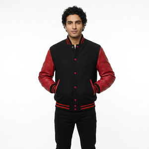 Chaqueta Bomber Varsity Negra y Roja para Hombre, Cuello Alto, Estilo Casual, Profesional, Portátil, Transpirable, para Béisbol Universitario - Product Image 1