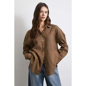 Camisa de Lino Oversize para Mujer, Color Café, Blusa Casual con Botones, para Uso Diario - Product Image 3