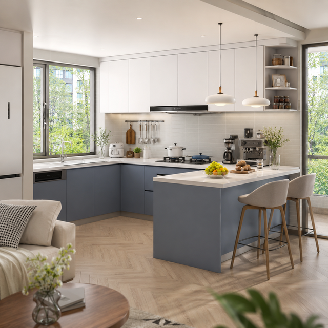 French Modern Custom Modular Kitchen Cabinets with Blue Base Cabinets White Wall Units Peninsula Counter for Apartment Villa Use