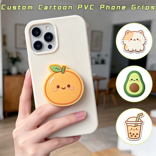 Cute Cartoon PVC Phone Grips Custom Kawaii Cute Animal Fruit Mobile Cell Soft Rubber Holders w/h Residue-Free Self-Adhesive Base
