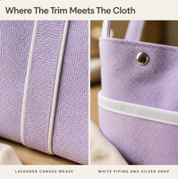 Mini sac fourre-tout en toile de coton, finition blanche lavande, poche latérale, sac à main à bouton-pression argenté, vente en gros, fournisseur OEM ODM personnalisé