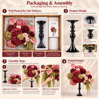 Centre de table floral artificiel fait main, arrangement de roses, dahlias, anthuriums et hortensias, grand chandelier noir, décoration de table de mariage