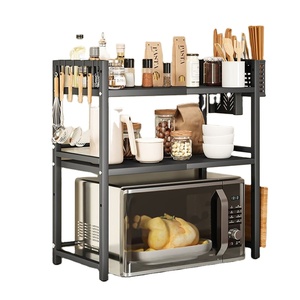 Customize 2-Layer Carbon Steel Retractable Microwave <b>Shelf</b> <b>Kitchen</b> Accessories Storage Rack with Knife Holder Chopsticks Holder - Product Image 1