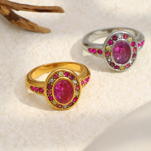 Women's 18K Gold Plated Cocktail <b>Ring</b> With Natural Oval Ruby Bezel Setting And Pink Gemstones Glam Engagement <b>Statement</b> <b>Ring</b> - Product Image 6