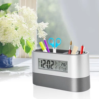 Multifunktionaler Elektronischer Digitaler Stifthalter mit LCD-Bildschirm, Schreibtischuhr, Schlummerfunktion, Wecker, Kalender, Raumtemperaturanzeige, Geschenk für Schüler und Kinder