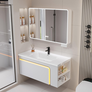 Ensemble de meuble-lavabo de salle de bain blanc sur mesure avec éclairage flottant, armoire miroir LED et lavabo en céramique intégré pour projets hôteliers et d'appartements - Product Image 2