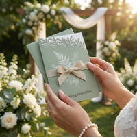 Invitación de Boda Personalizada en Verde Salvia con Corte Láser, Diseño Botánico de Helecho, Cinta de Lino con Lazo, OEM, Venta al Por Mayor