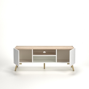 Meuble TV moderne blanc brillant avec finition imitation bois et pieds en métal doré pour salon - Product Image 4