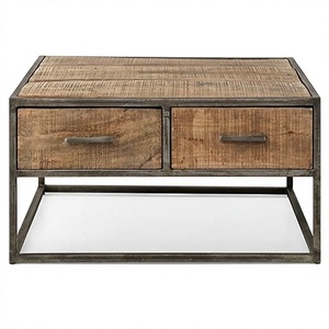 Table basse vintage industrielle européenne en bois de manguier massif avec base en fer, tiroirs en bois, pliable, laquée, meubles pour la maison - Product Image 1