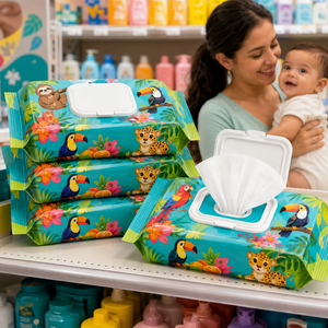 Vente en gros de lingettes pour bébé de qualité supérieure, 99 % d'eau purifiée, avec couvercle, 80 lingettes, design style forêt tropicale <span class=keywords><strong>Amazon</strong></span> - Product Image 1