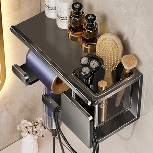 Bathroom Shelf Wall Mounted Hair Dryer Holder Corner Storage Rack Gunmetal Gray Durable Rectangular - Product Image 4