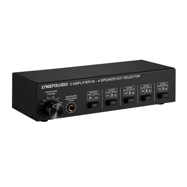 LYNEPAUAIO 2 in 4 Out Speaker Selector Switch Box 4 Zone Amplifier Speaker Selector with Volume Control Banana 6.5mm Jack