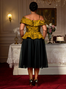 AM050344SET Asymmetrical Peplum Jacquard <strong>Top</strong> <strong>Tulle</strong> a Line Skirt Patchwork Women Formal Two Pieces Sets - Product Image 3