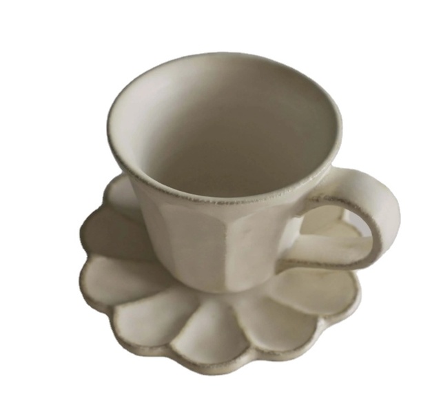 Black Beige Rustic Style Stoneware Flower Plate Ceramic Espresso Latte Coffee Mug Set
