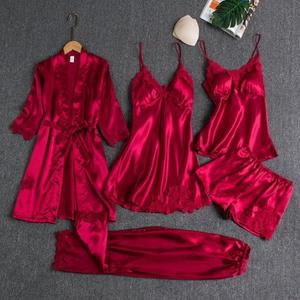 Ensemble de lingerie sexy en dentelle et soie satinée pour femmes, 5 pièces, avec coussinets de poitrine, <span class=keywords><strong>pyjama</strong></span> de mariée ou de <span class=keywords><strong>demoiselle</strong></span> <span class=keywords><strong>d</strong></span>'<span class=keywords><strong>honneur</strong></span> - Product Image 2