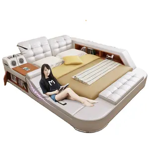 New Design smart Function King Size Queen Size Bed Stylish Modern Leather Bed bedroom furniture multifuncional bedroom sets