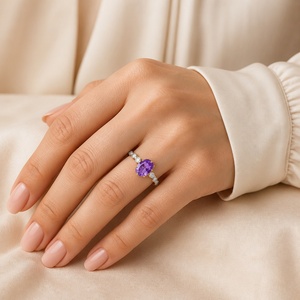 925 Sterling <b>Silver</b> Gold Plated <b>Amethyst</b> <b>Ring</b>, Natural Oval Cut Purple Gemstone with Accent Stones, Vintage <b>Ring</b> for Women - Product Image 2