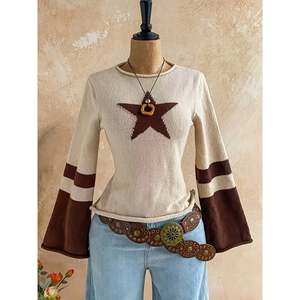 เสื้อสเวตเตอร์ถักแขนบานลายดาวสีเบจและสีน้ำตาลสำหรับผู้หญิงสำหรับฤดูหนาว - Product Image 4