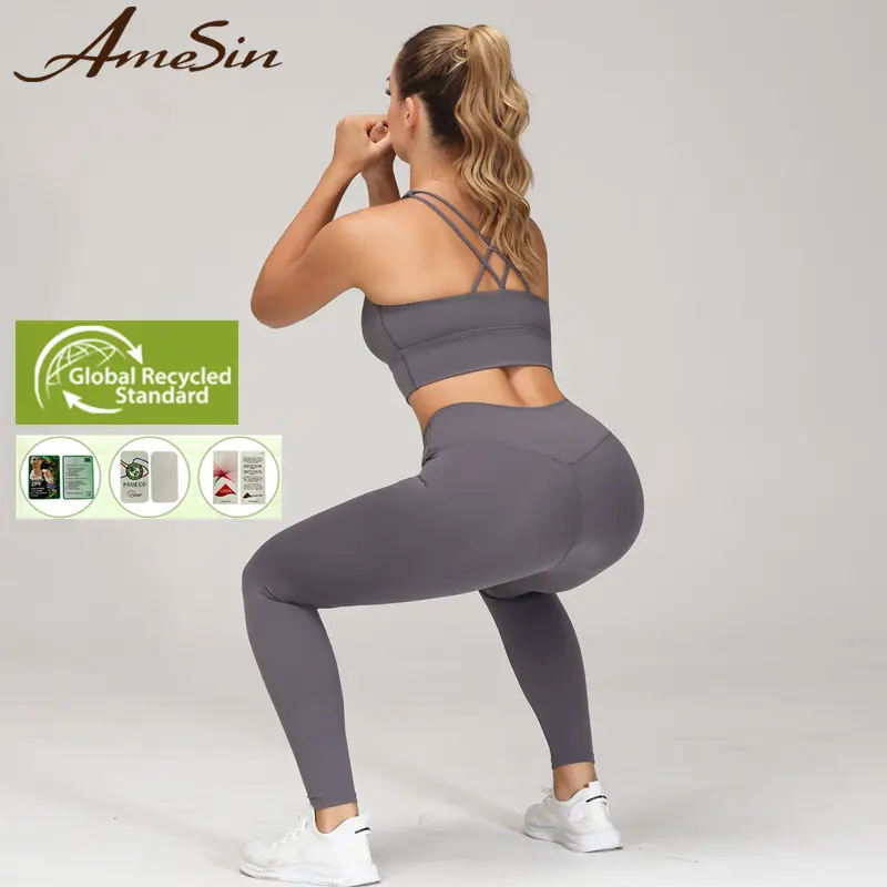AmeSin с высокой талией, бесплатный образец, обнаженные Леггинсы для йоги с пользовательским логотипом, переработанные экологически чистые штаны для йоги